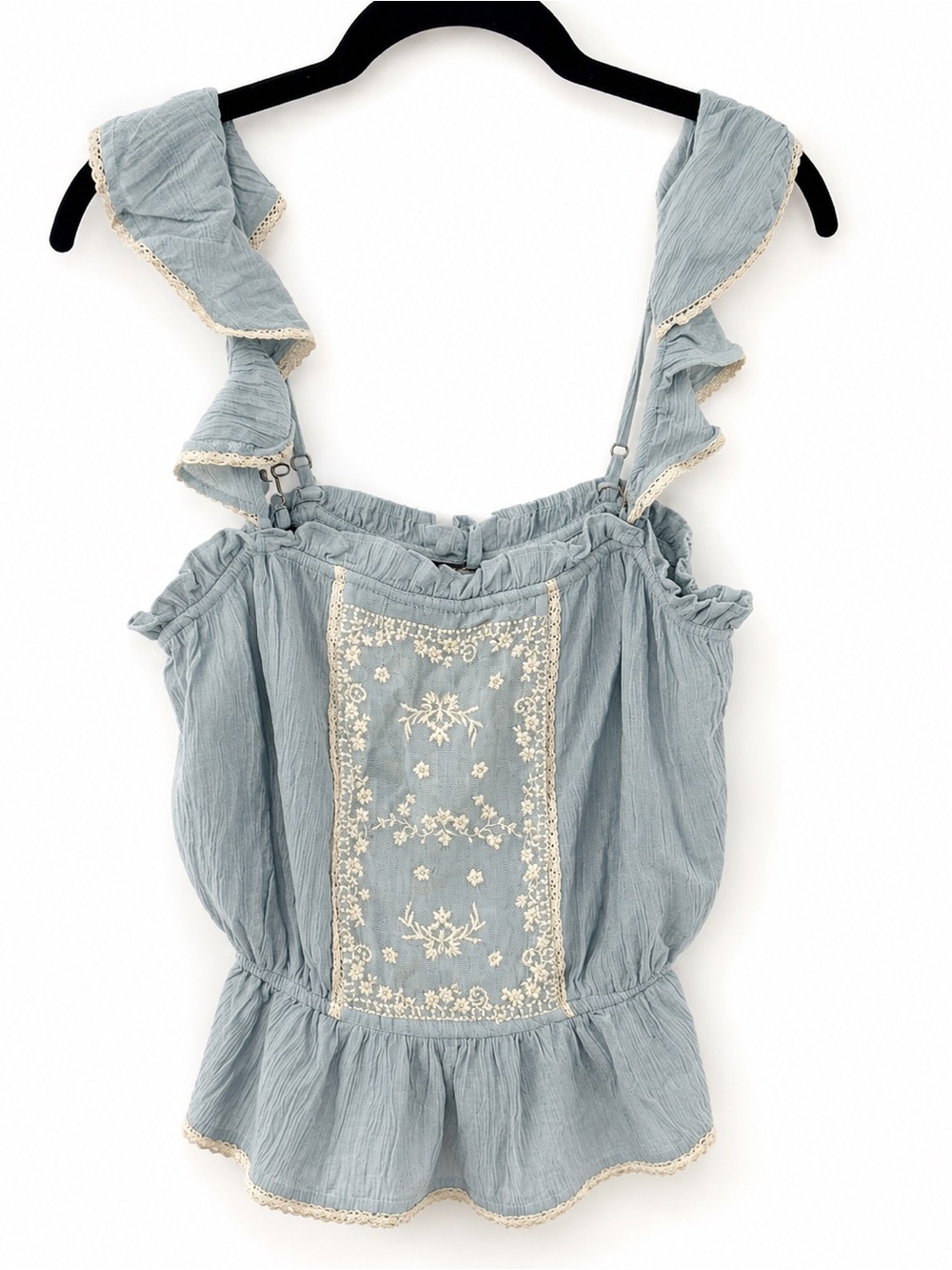 Zara light blue embroidered tank with cream lace trim